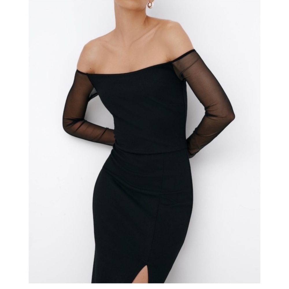NWOT Marcella NYC Mesh Sleeves Long Evening Black Marian gown M - Picture 3 of 7